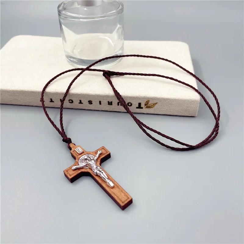 Collana Croce di Gesù Retro Ciondolo Legno Metallo Gioielli Uomo Donna Cattolico Religioso Cristiano Fascino Regalo