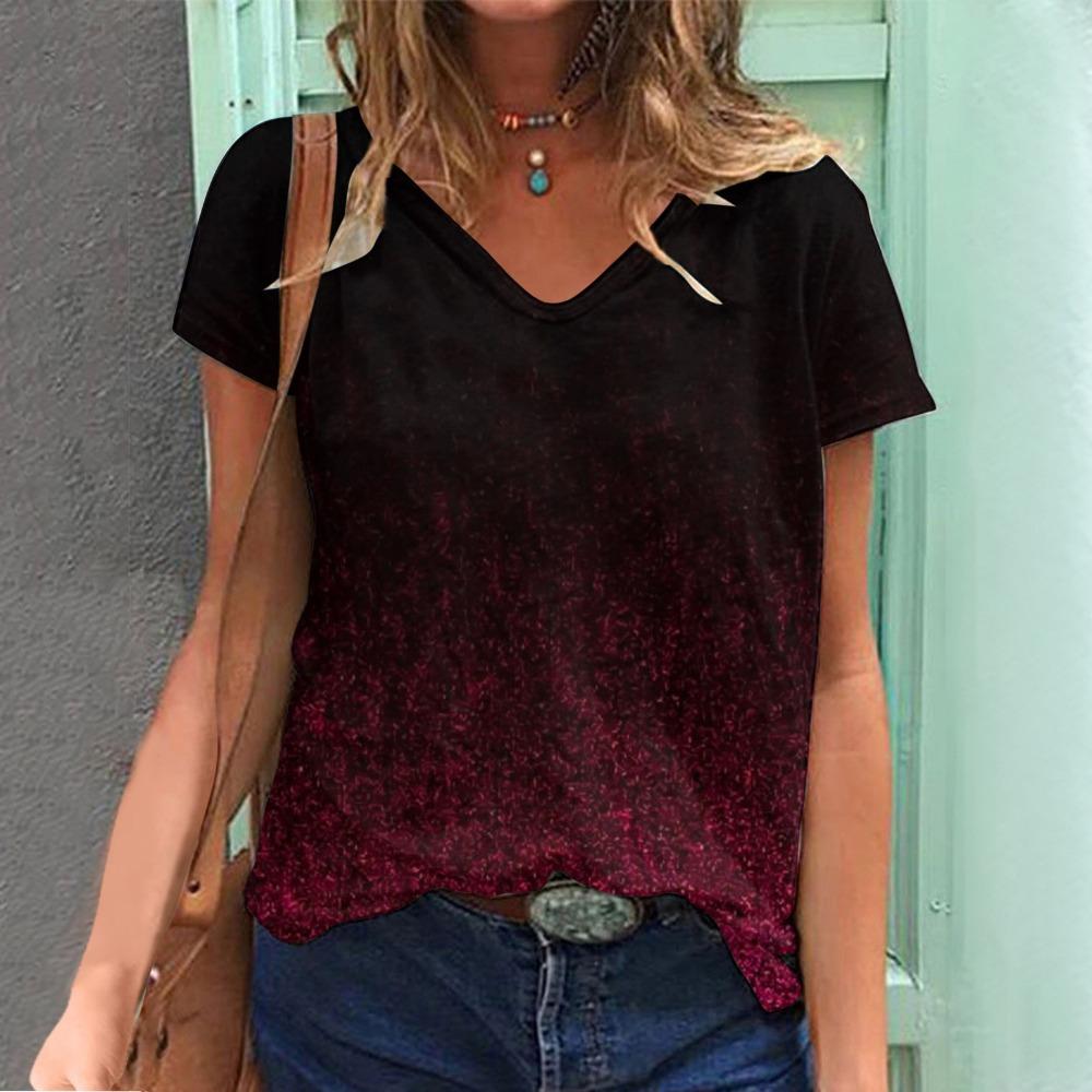 

Summer gradient 3D printed T-shirt for women, V-neck short sleeved T-shirt 5XL