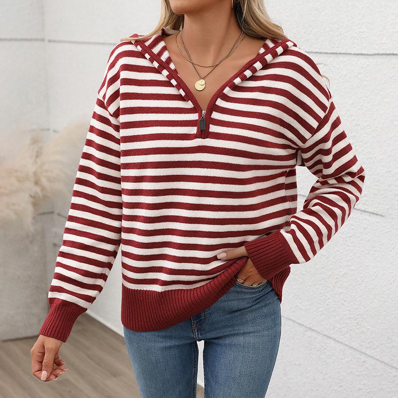 Women's Retro Striped Zipper Hooded Sweater - Autumn/Winter Casual Pullover Jacket