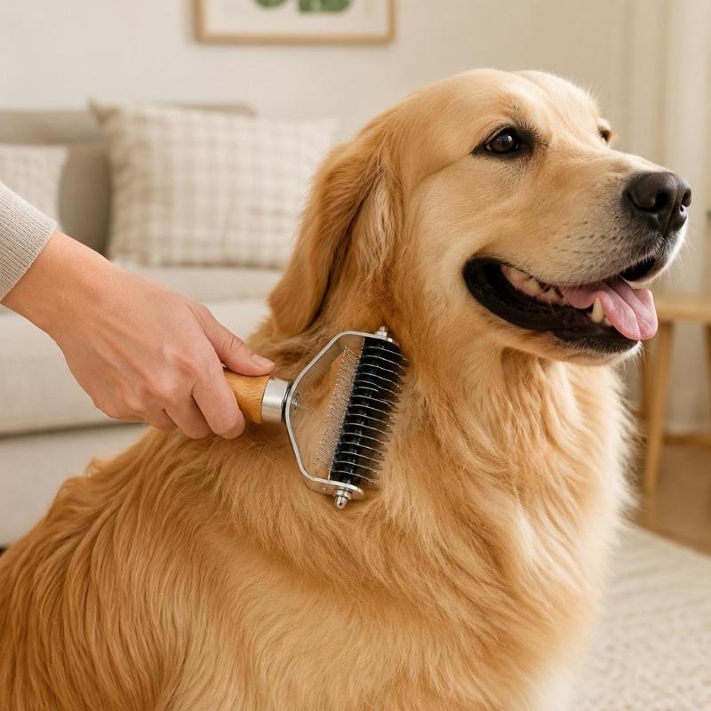 Dog Grooming Comb for Dog, Double-Purpose Metal Teeth Tool Wooden Handle Brush for Matted Furs, Daily Brushing, Loose Hair Cleanups and Bath Care