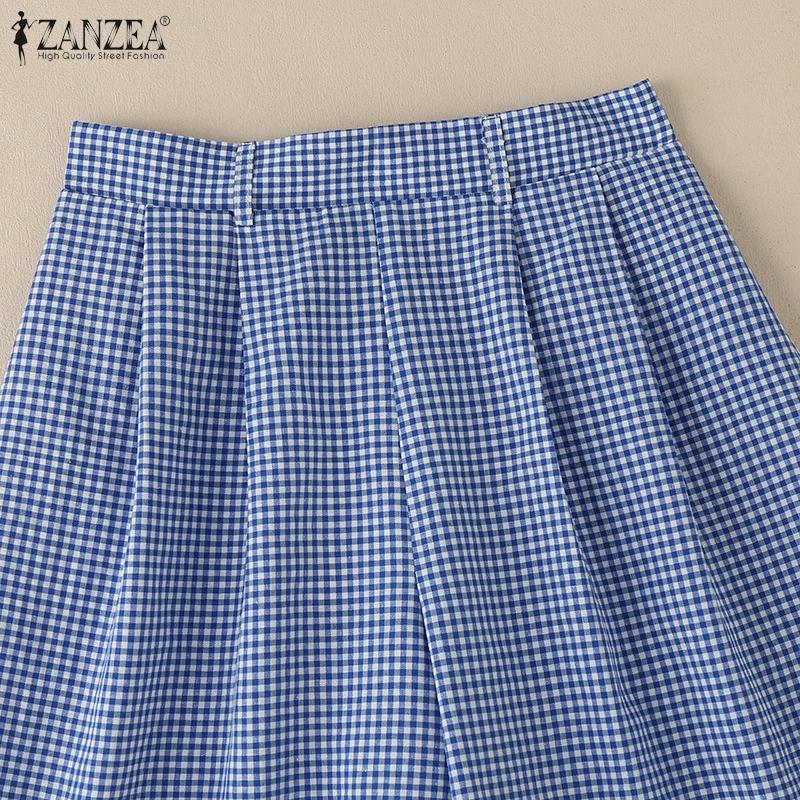 ZANZEA Women Casual Elastic High Waist Loose Plaid Print Shorts