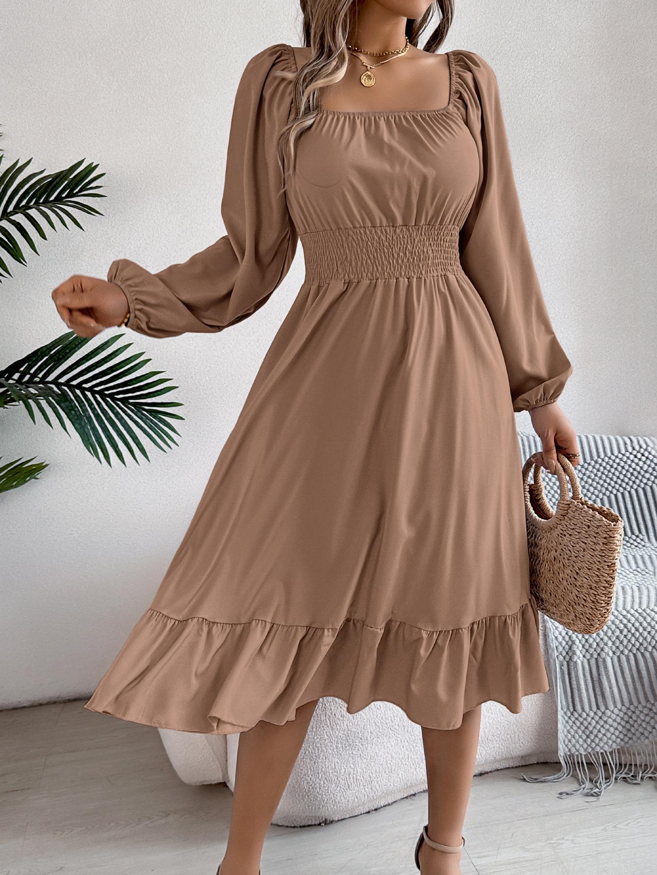 women s Solid Color Square Neck Long Sleeve Smocked Waist Ruffle Hem A‑Line Midi Dress S хаки