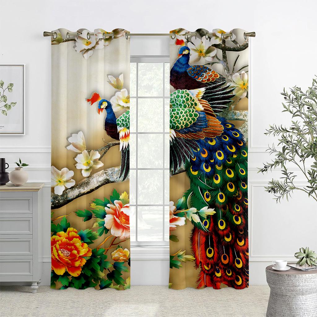 2 STÜCKE Vintage Pfau Blumenmuster Gedruckte Vorhänge, Schlafzimmer Wohnzimmer Küche Stangentasche Bequeme Dekorative Vorhänge