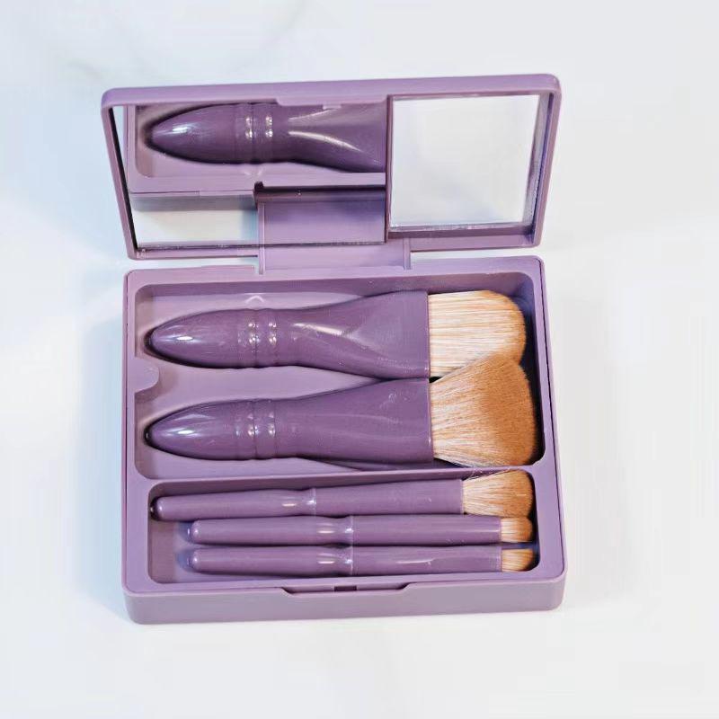 5-Piece Travel Makeup Brush Set with Mirror Box - Includes Foundation and Eye Detail Brushes