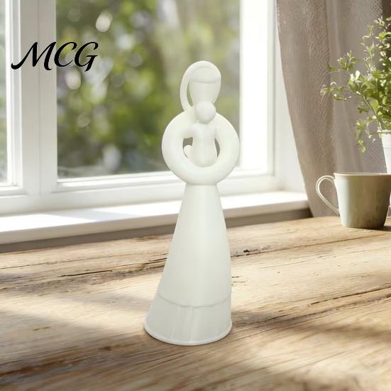 Artistic Table Centerpiece 3D Printed Mother and Child Sculpture, Matte White Abstract Embrace Statue with Slender Silhouette Anti-Tipping Base,