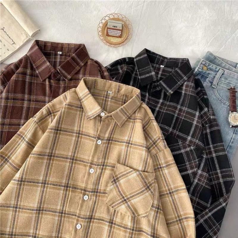 Spring Autumn Retro Long Sleeve Plaid Shirt Korean Fashion Versatile Autumn Plaid Shirt Loose Versatile Top