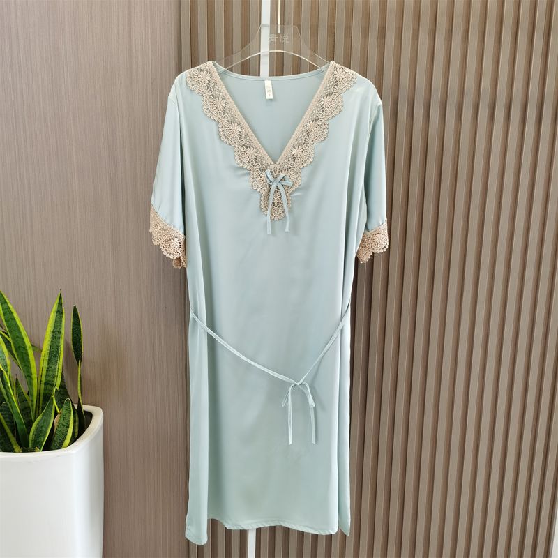 Special Offer Silk Nightdress Pajamas Women's Spring and Summer Thin Ice Silk Nightdress Pullover Dress Silk Mid Length Long Length