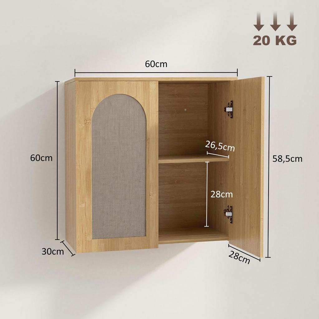 Bohemian Bathroom Wall Cabinet, 2 Soft-Close Rattan-Effect Doors, Adjustable Shelf, Oak