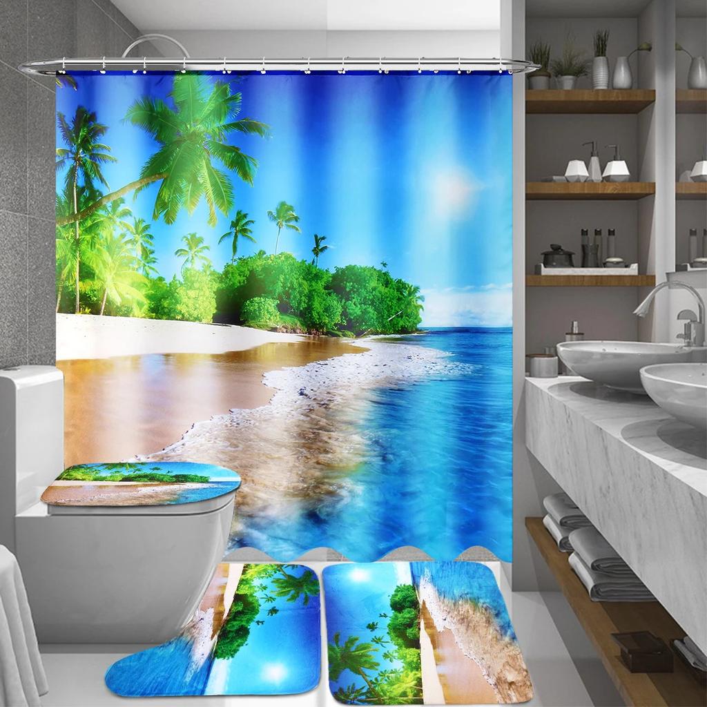 Coastal Beach Scenery 3D Printing Waterproof Shower Curtain Set Pedestal Rug Lid Toilet Cover Mat Bathroom Set With 12 Hooks