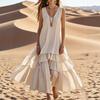 Women's V Neck Sleeveless Maxi Dress Loose Fit Elastic Waist Solid Color Tiered Ruffle Linen Look Dress