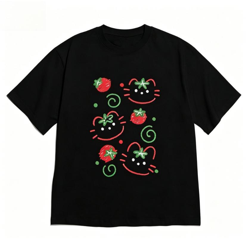 2026 New Fashion T-shirt Aesthetic Cute Cat Tomato Print Short Sleeve for Women Minimalist Kitten Crew Neck Tee Versatile