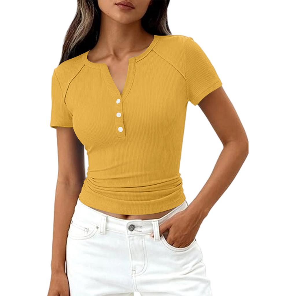 Haut T-shirt Décontracté Mode Femme Couleur Nouvelle Manches Courtes Bouton Décoratif Col en V