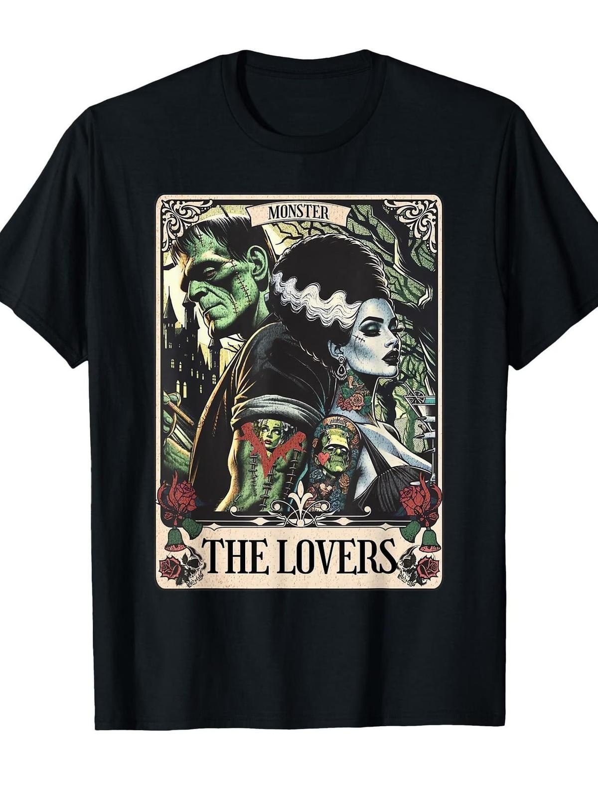 Unisex Frankenstein Bride Card T-Shirt - Gothic Horror Graphic Tee with Monster S разноцветный