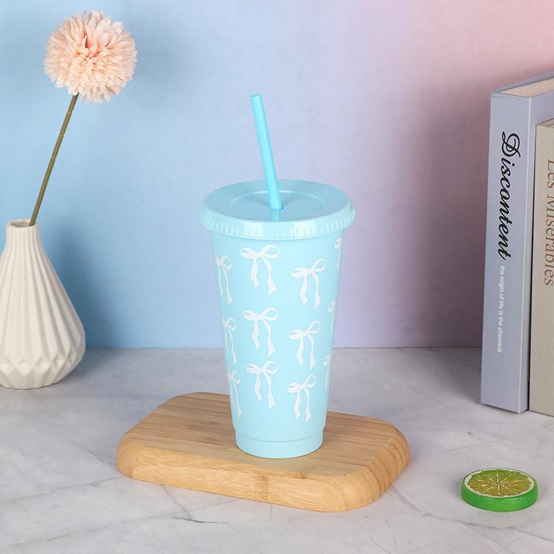 1 Piece Large Capacity Water Bottle Kawaii Bow Water Cup With Lid Straw For Girls Coffee Milk Tea Plastic Cold Drink Cup