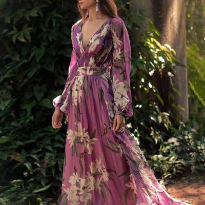 Women Maxi Dress Low-cut Deep V Neck Tight High Waist Flower Print