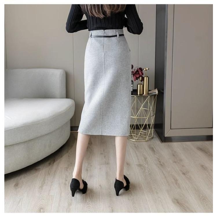Autumn Wool Skirt High Waist Pencil Midi Skirts Women Elegant Office Outfit