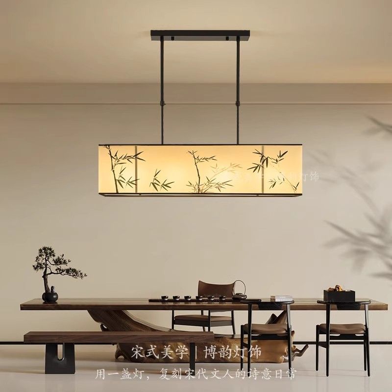 New Chinese Style Dining Room Pendant Light - Zen-Inspired Lamp for Tea Room, Dining Table & Bar Counter, Retro Long Strip Light