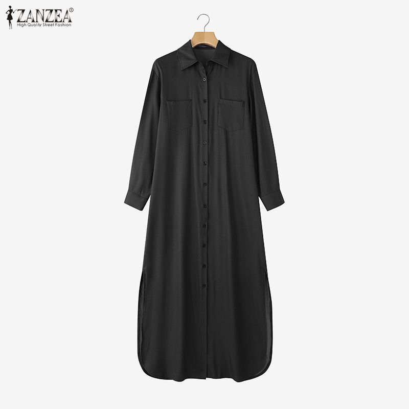 ZANZEA Elegant Women Lapel Neck Long Sleeve Buttons Splits Casual Long Shirts Dress