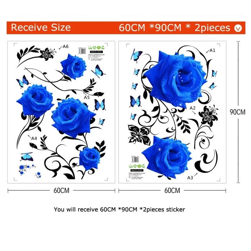 DIY Large Blue Rose Flowers Living Room Decoration Wall Stickers Sofa TV Entrance Background Wall Decals Removable Vinyl Posters