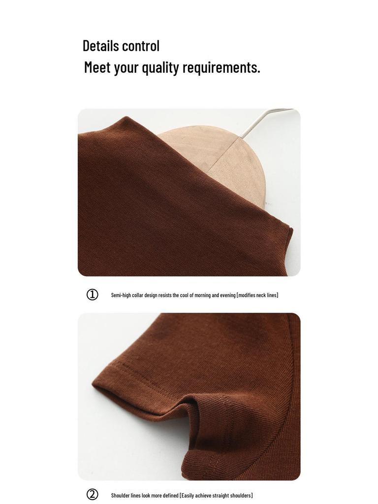 Damen High-Neck Kurzarm Schlankmachendes T-Shirt - Unifarbenes Überziehshirt