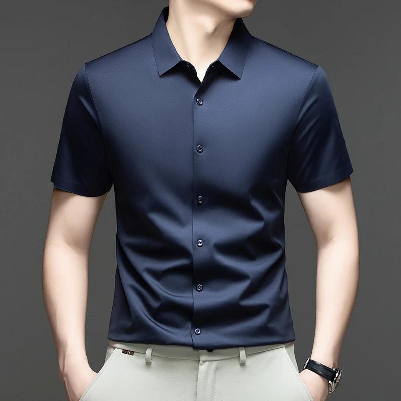 Summer Men Short Sleeve Button Up Shirt Ice Silk Casual Business Formal Shirt Breathable Wrinkle Free