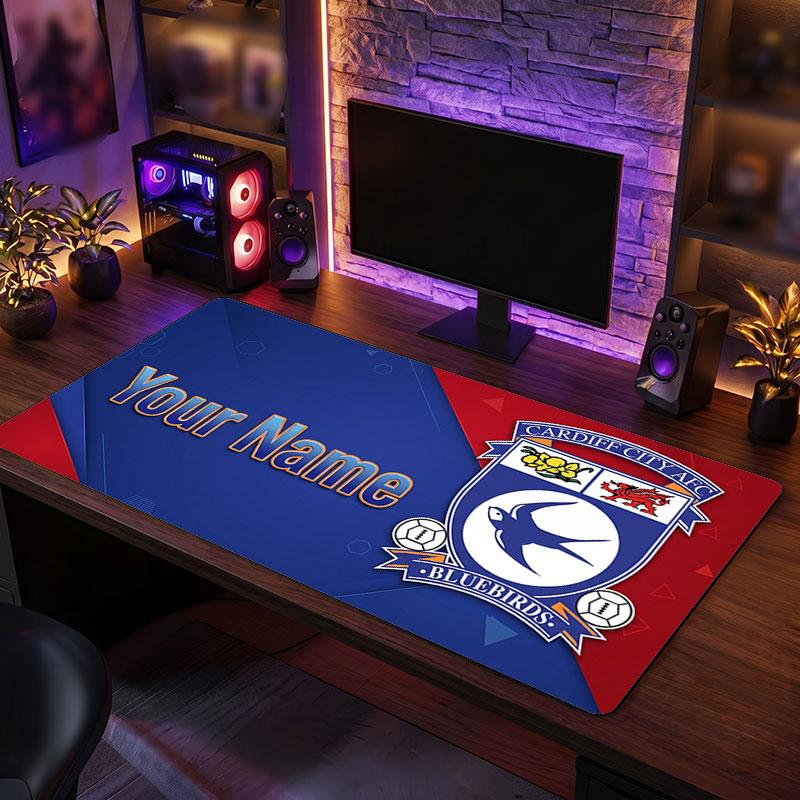 Cardiff City Custom Large Mouse Pad, Personalized Name Text Print, Football Logo Non‑Slip Desk Mat Gaming Gift