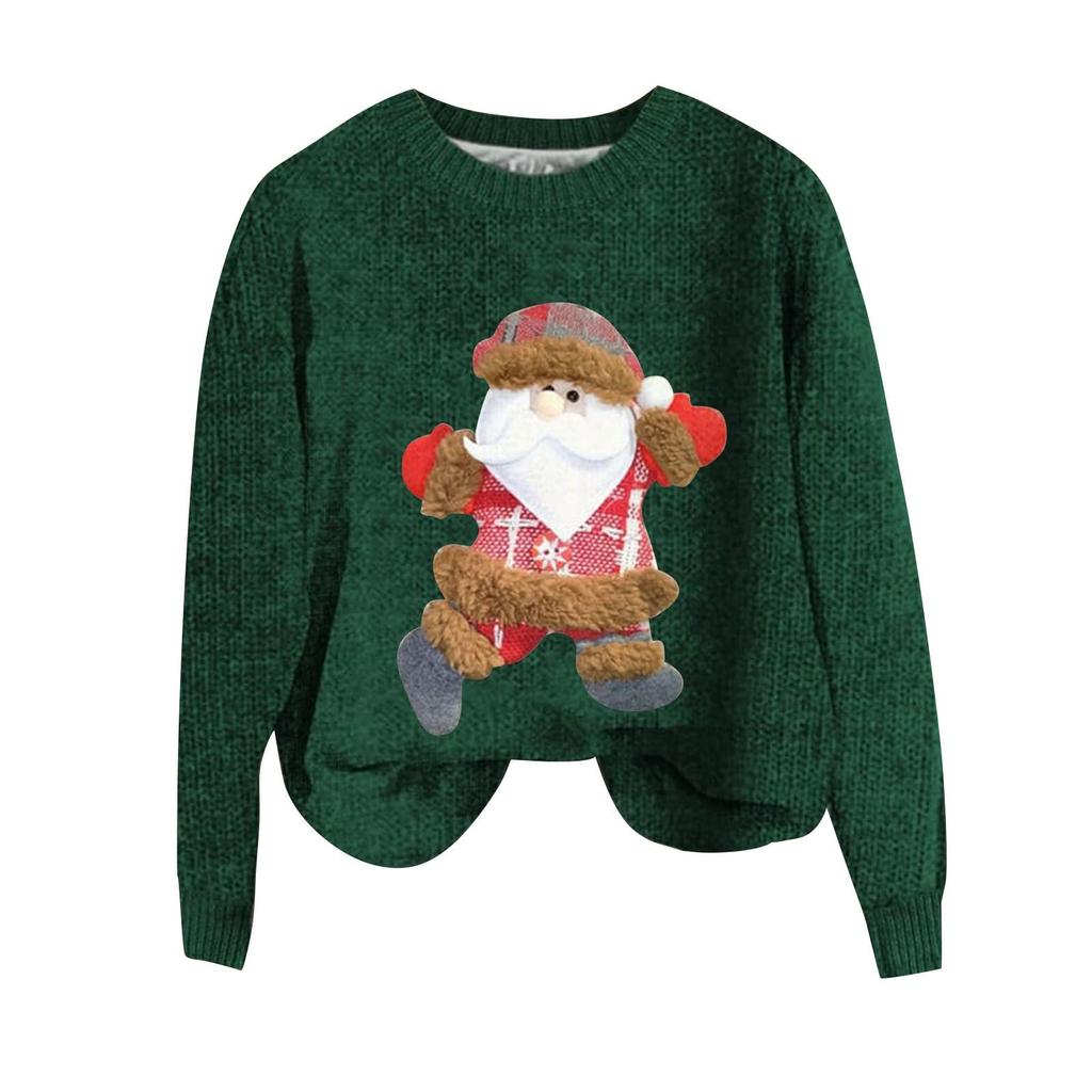 Damska modna, swobodna, długa rękaw, świąteczny nadruk, wełniany sweter z dzianiny