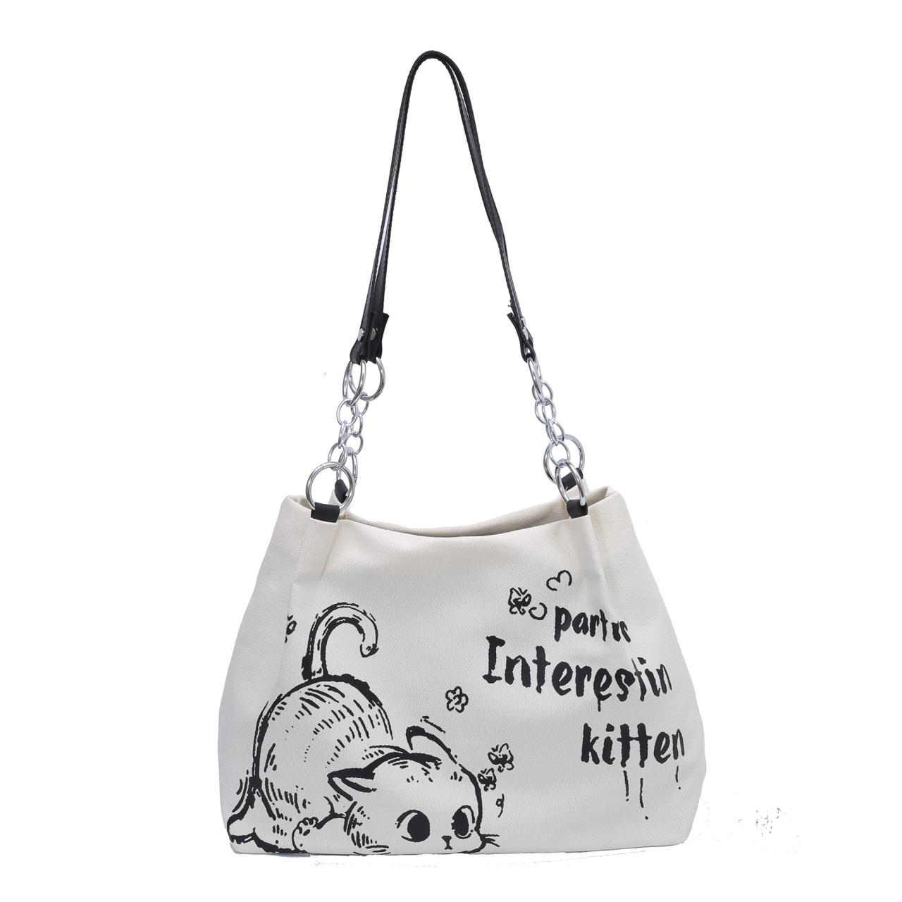 

Women s Canvas Tote Bag with Cartoon Kitten Print - Large Capacity Student Schoolbag & Commuter Shoulder Bag білий