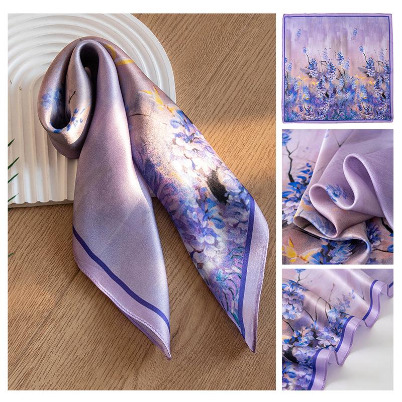 53CM Purple Lavender Series Silk Scarf Small Square Scarf for Women, Spring/Autumn Thin Fashion Versatile Outerwear Scarf Shawl 53*53cm