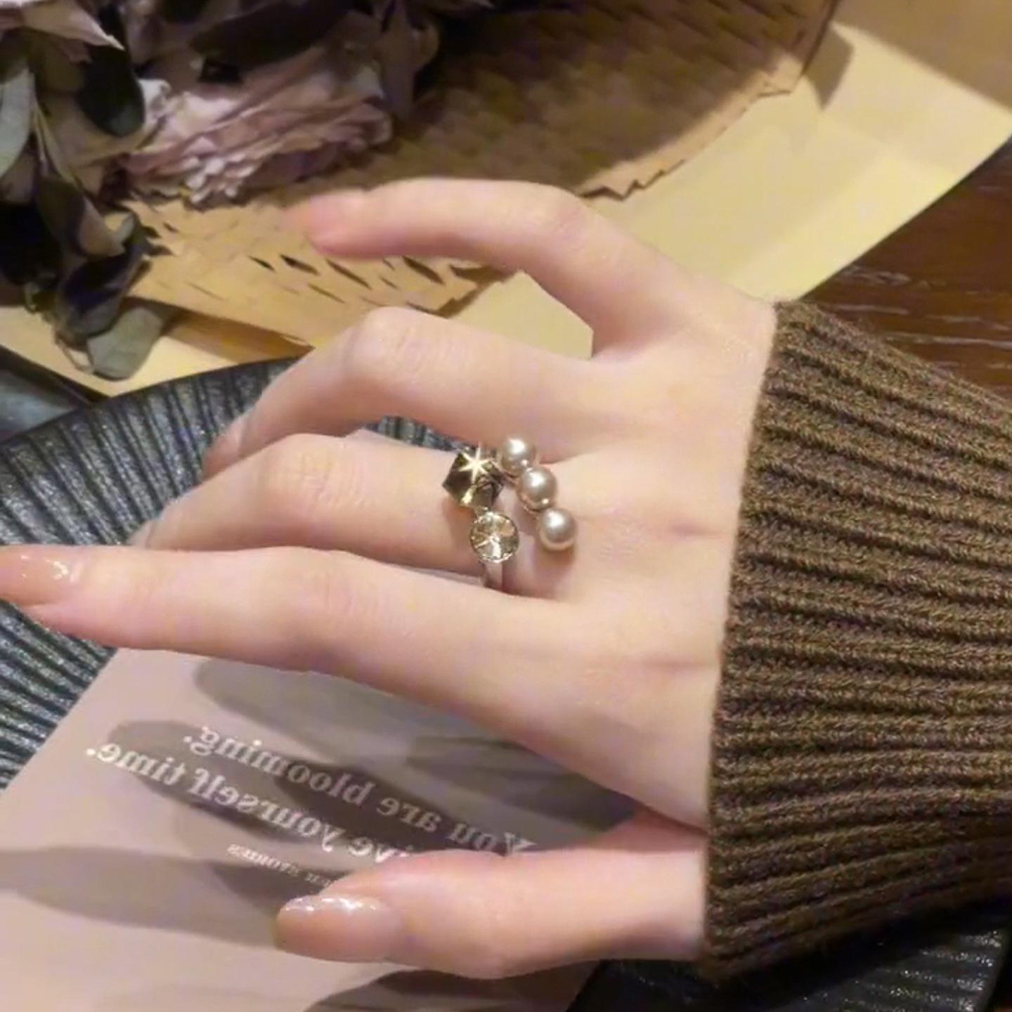 French retro temperament square zircon pearl ring index finger ring personalized exquisite jewelry