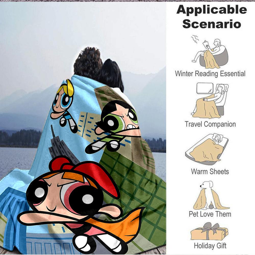 1pc Powerpuff Girls Blanket Lightweight Flannel Throw For Sofa, Bed, Travel, Camping, Livingroom, Office, Couch, Chair, And Bed