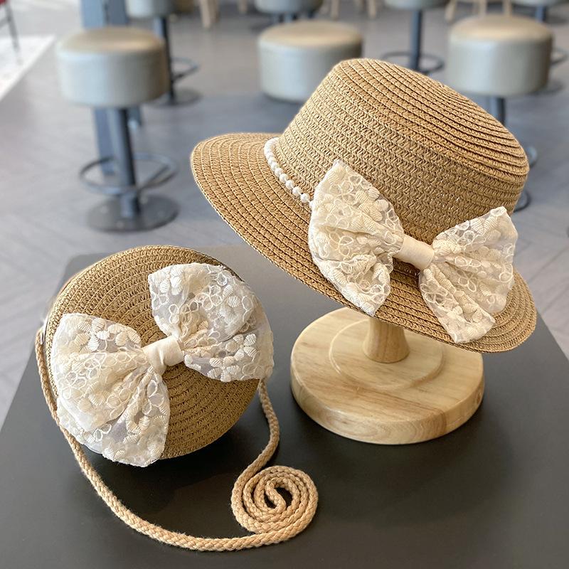 2 Stück/Set Sommer-Handgewebter Strohhut und Umhängetasche für kleine Mädchen, Kinder Baby Prinzessin Schleife Strandstroh Sonnenhut