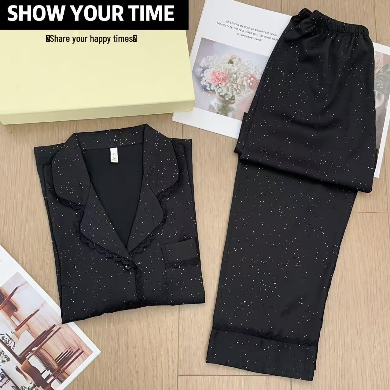 

Elegant Women s Ice Silk Pajamas with Sequins & Lace Trim - Short/Long Sleeve, Long Pants Extra Large