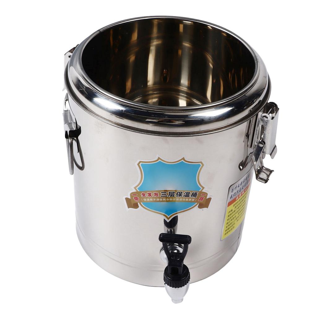 10L Insulated Soup Bucket with Faucet Commercial Rice Bucket Pot Stainless Steel Buckle Lid Handle Beverage Dispenser