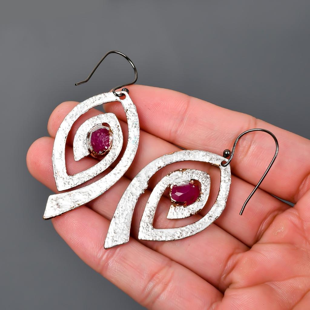 Pink Ruby Gemstone Silver Plated Dangle Drop Multi Electroformed Ethnic Earrings V-88