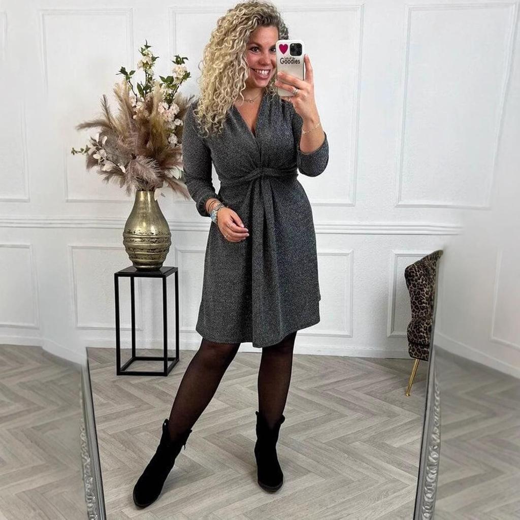 2024 Autumn/Winter European & American Style V-Neck Waist-Hugging Long-Sleeve Dress for Women