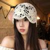 Feminine Openwork Knitted Creative Hat CapIncluding Shaped Dimensional Flowers In Soft Pink Or Beige