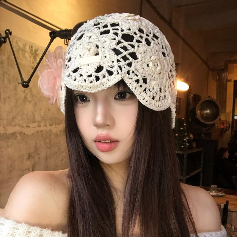 Feminine Openwork Knitted Creative Hat CapIncluding Shaped Dimensional Flowers In Soft Pink Or Beige