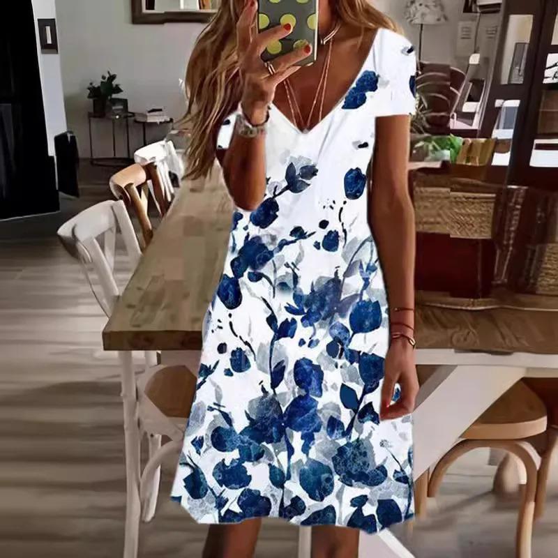 2025 New Casual Print Short Sleeve Dress Women's Fashionable Elegant Style