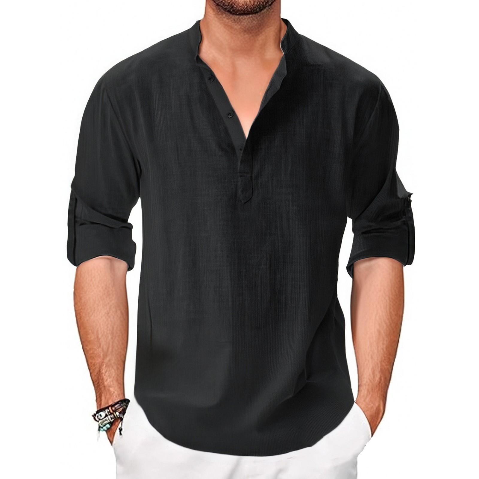 

Four Seasons Длинный рукав Свободный кардиган на пуговицах из хлопка и пеньки Рубашка мужская XXXL чёрный