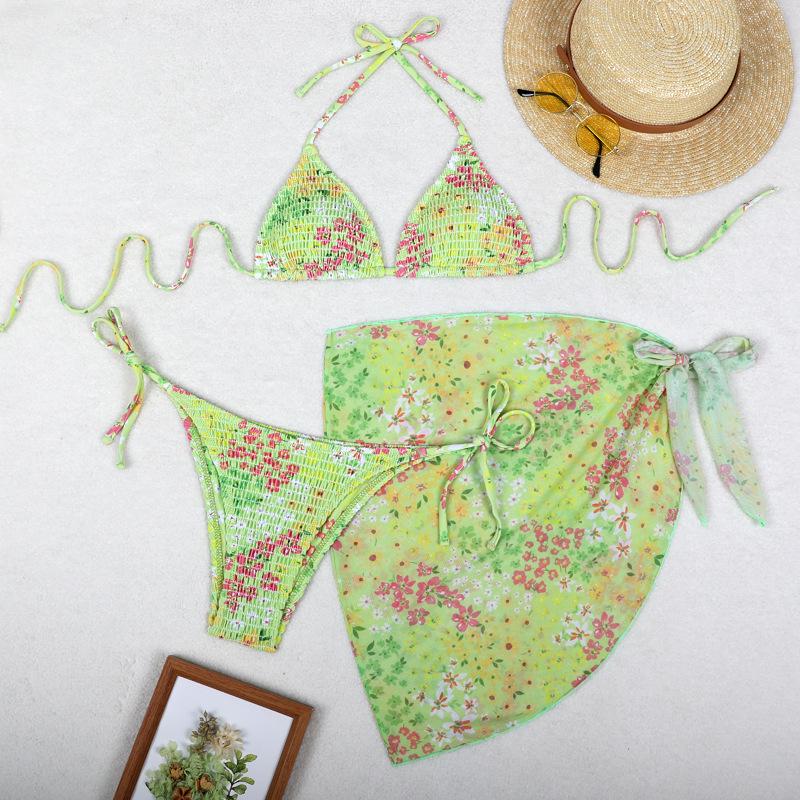 Europäisches und Amerikanisches Bedrucktes Dreiteiliges Bikini-Set mit Gaze-Rock - Sexy Urlaubs-Badeanzug