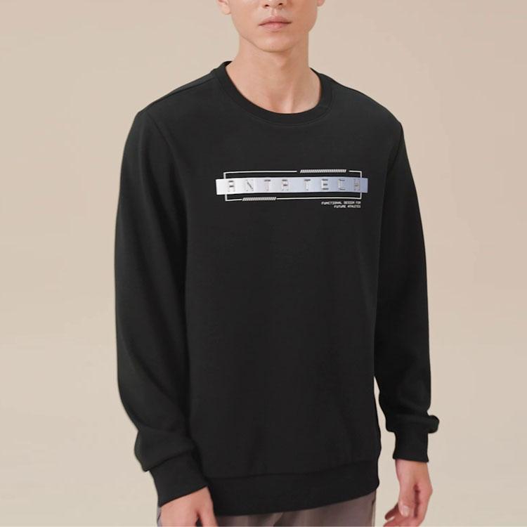 Anta Training Series Letter Round Neck Pullover Fleece Sweatshirt Men sweatshirt Basic-Black 152347710-4