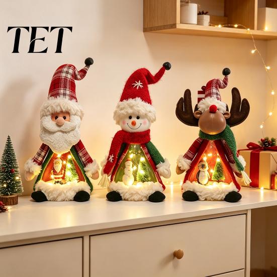 Indoor Xmas Atmosphere Light Lighted Christmas Doll Decoration, Cute Plush Santa Claus/Snowman/Reindeer Figurine with Creative Holiday Mantel