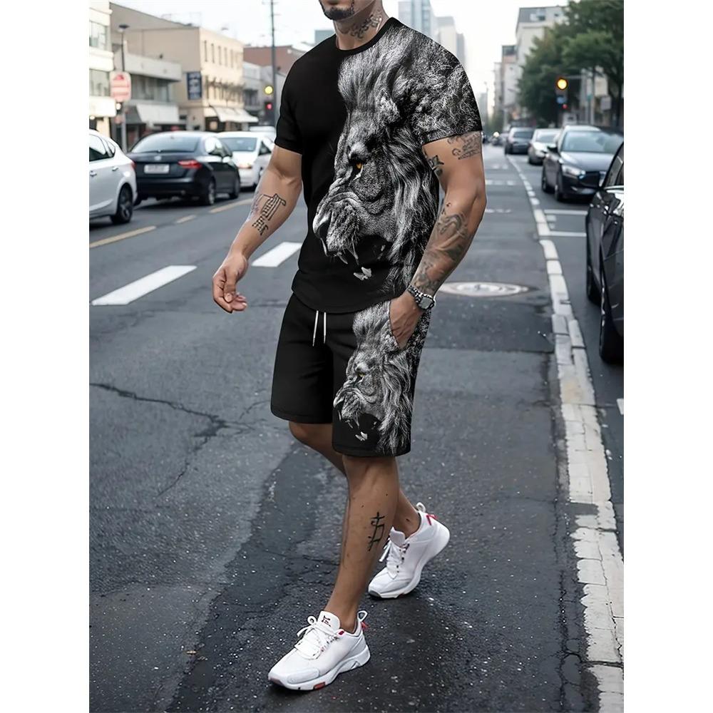 Summer Fashion Animal Print Suit Black and White Tiger 3D Pattern Outdoor Street Shooting Sportswear Men's Casual T Shirts 2 Piece Set