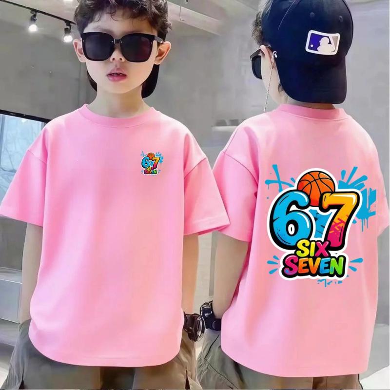 180g Puur Katoen Cartoon 67 Print Kinder T-shirt met Korte Mouwen
