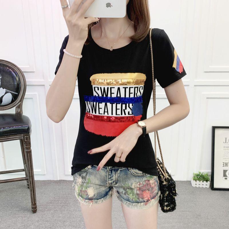 

Plus Size Women s Half Sleeve T-Shirt Western Style Youthful Fashionable Plus Size Ladies Letter Print T-shirt Sequin Embroider Tops 100.00kg Tide Black 4XL