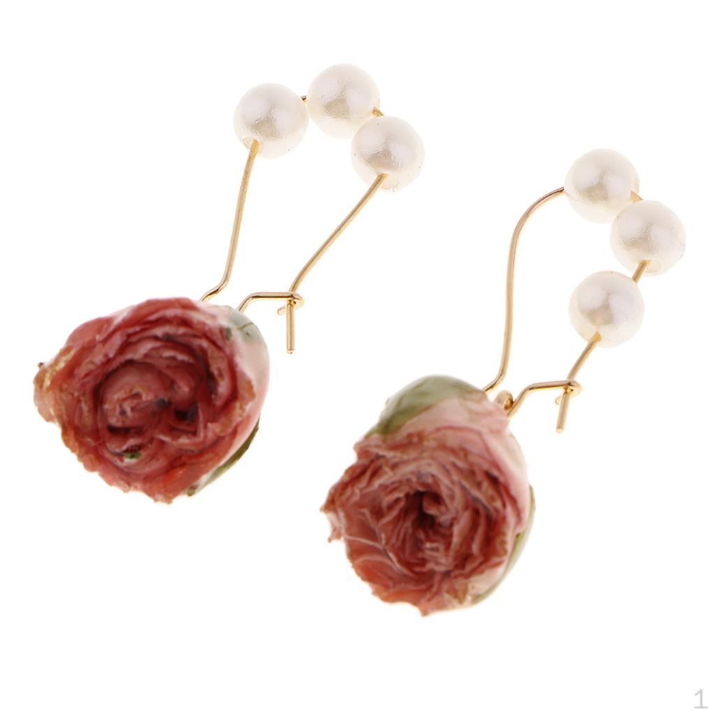 Dried Flower Buds Earring, Resin Epoxy Covered Rose Charms Pendants and Faux Pearl Beads Hook розовый