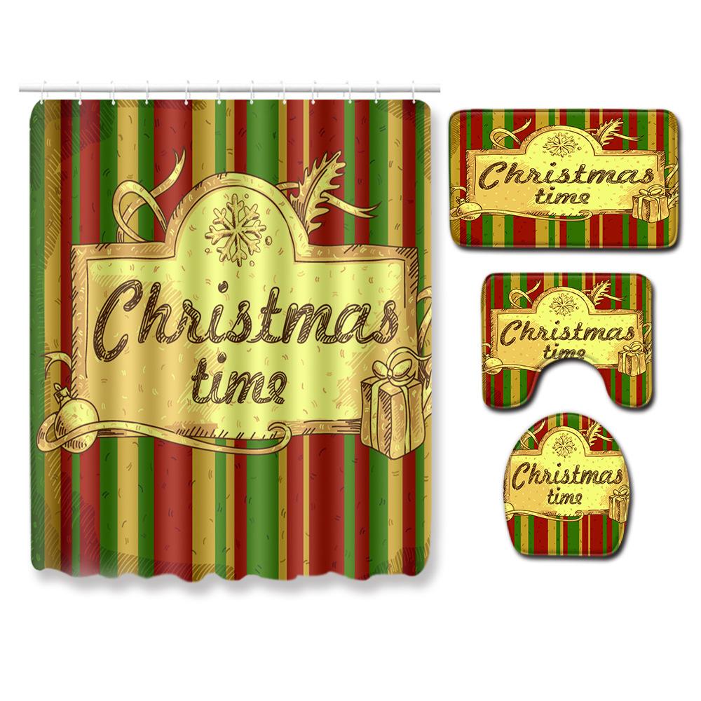 Christmas Waterproof Shower Curtain Four-Piece Combination Floor Mat Entrance Door Mat Bedroom Living Room Carpet