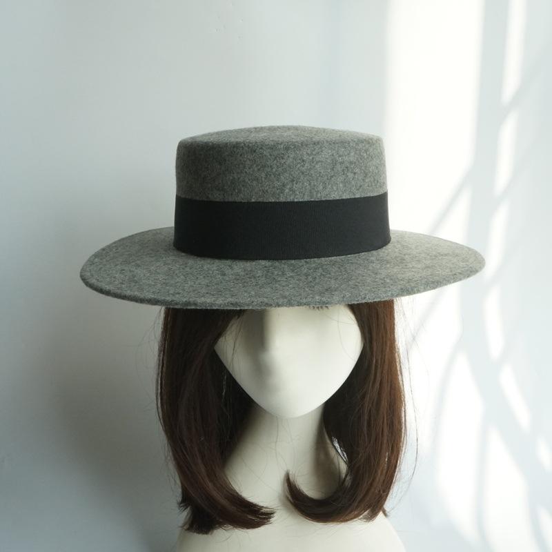 French retro oat wool woolen flat top top hat women's autumn and winter versatile British wide brim Panama camel felt hat