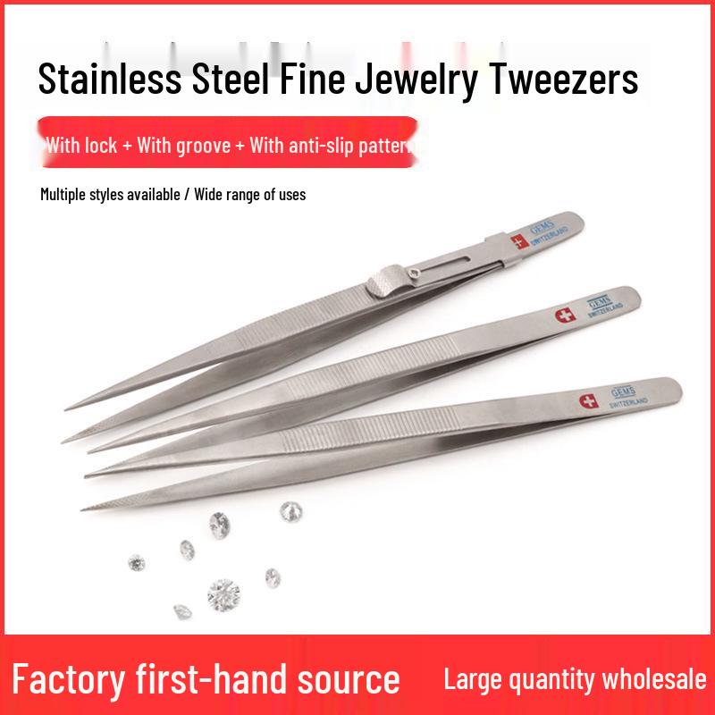 Stainless Steel Non-slip Fine Pointed Jewelry Tweezers with Locking Grooved Clip Tool